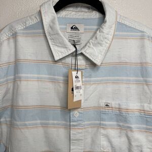 Quicksilver Cali Sunrise Men White Blue Orange Stripe Short Sleeve Button Up XL